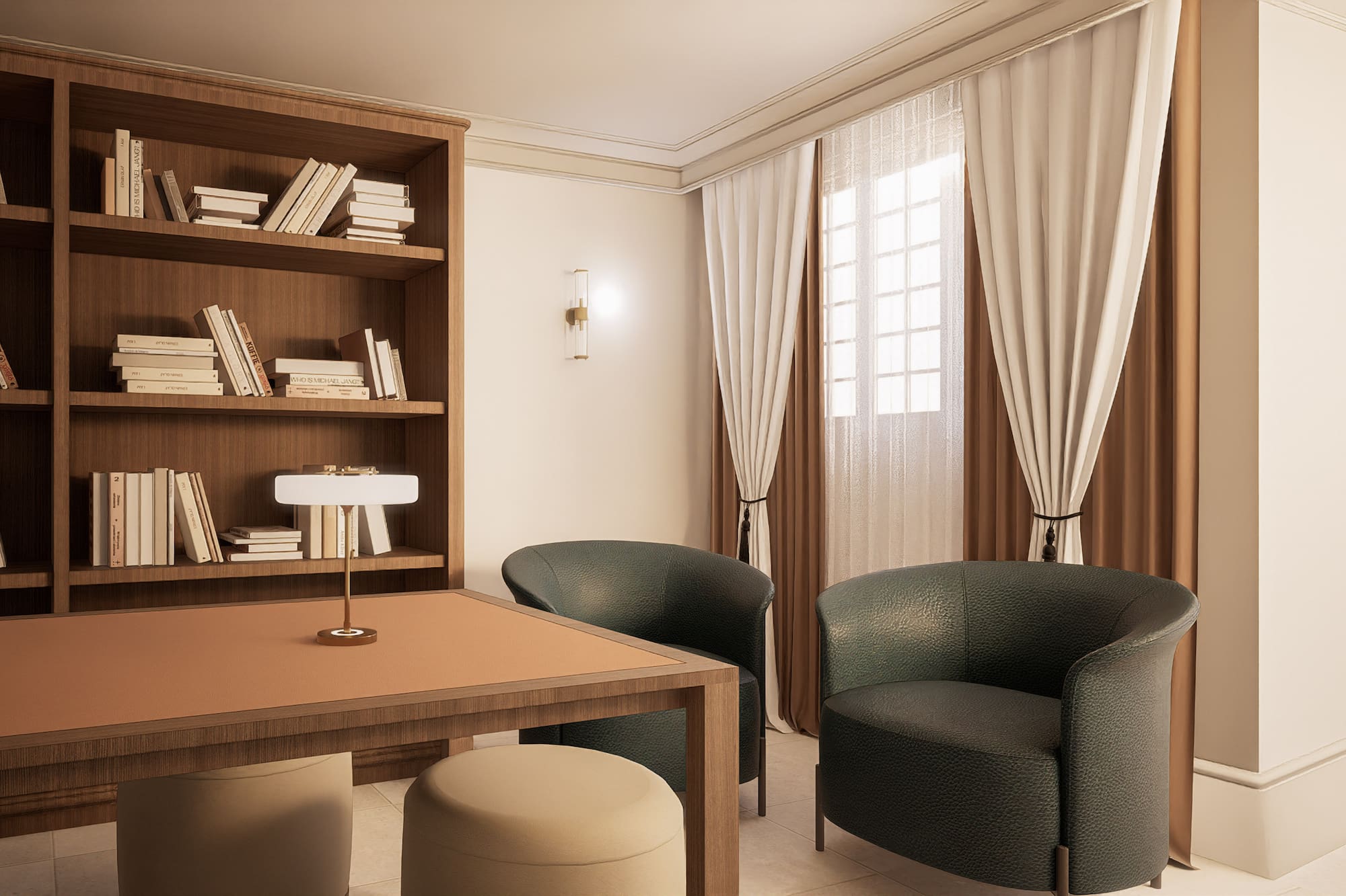 Elegant home office with wooden bookshelf, desk, and dark green armchairs.