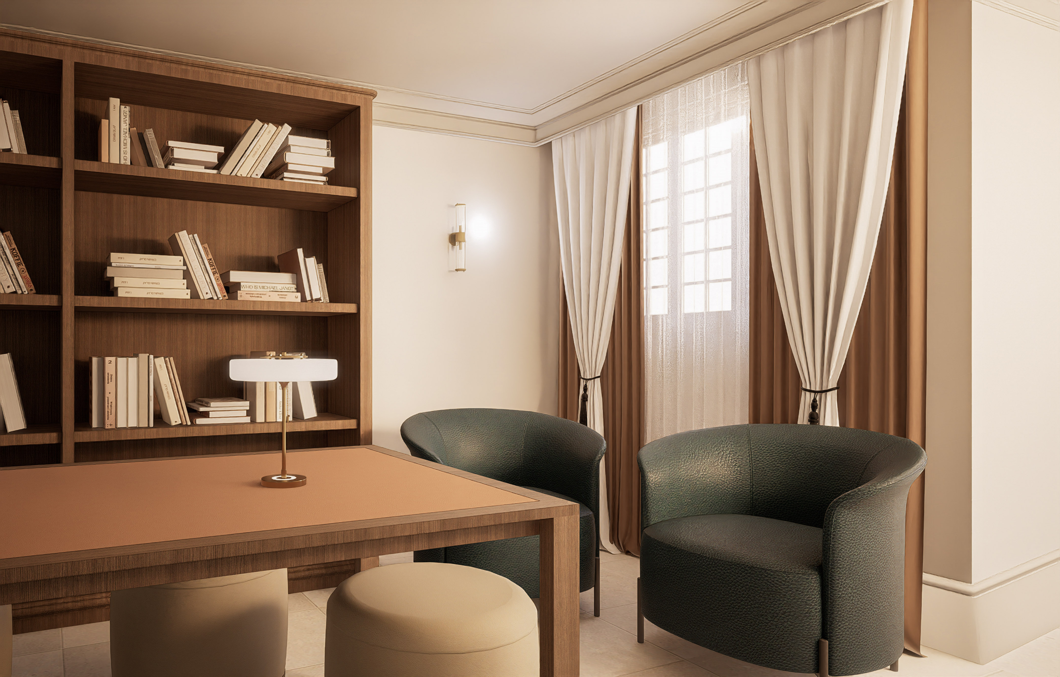 Elegant home office with wooden bookshelf, desk, and dark green armchairs.