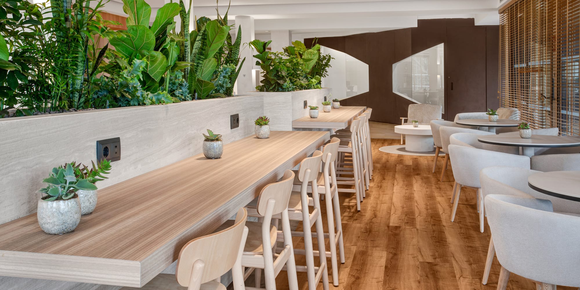 a room with tables and chairs and plants