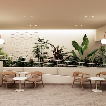 a room with chairs and tables