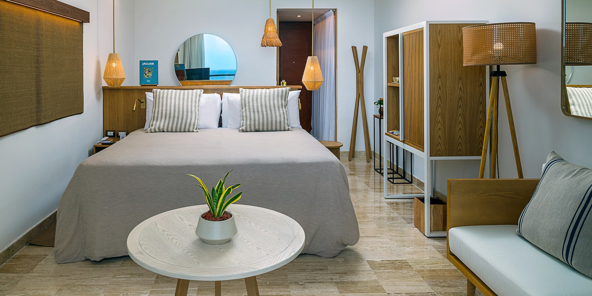 a room with a bed and a table