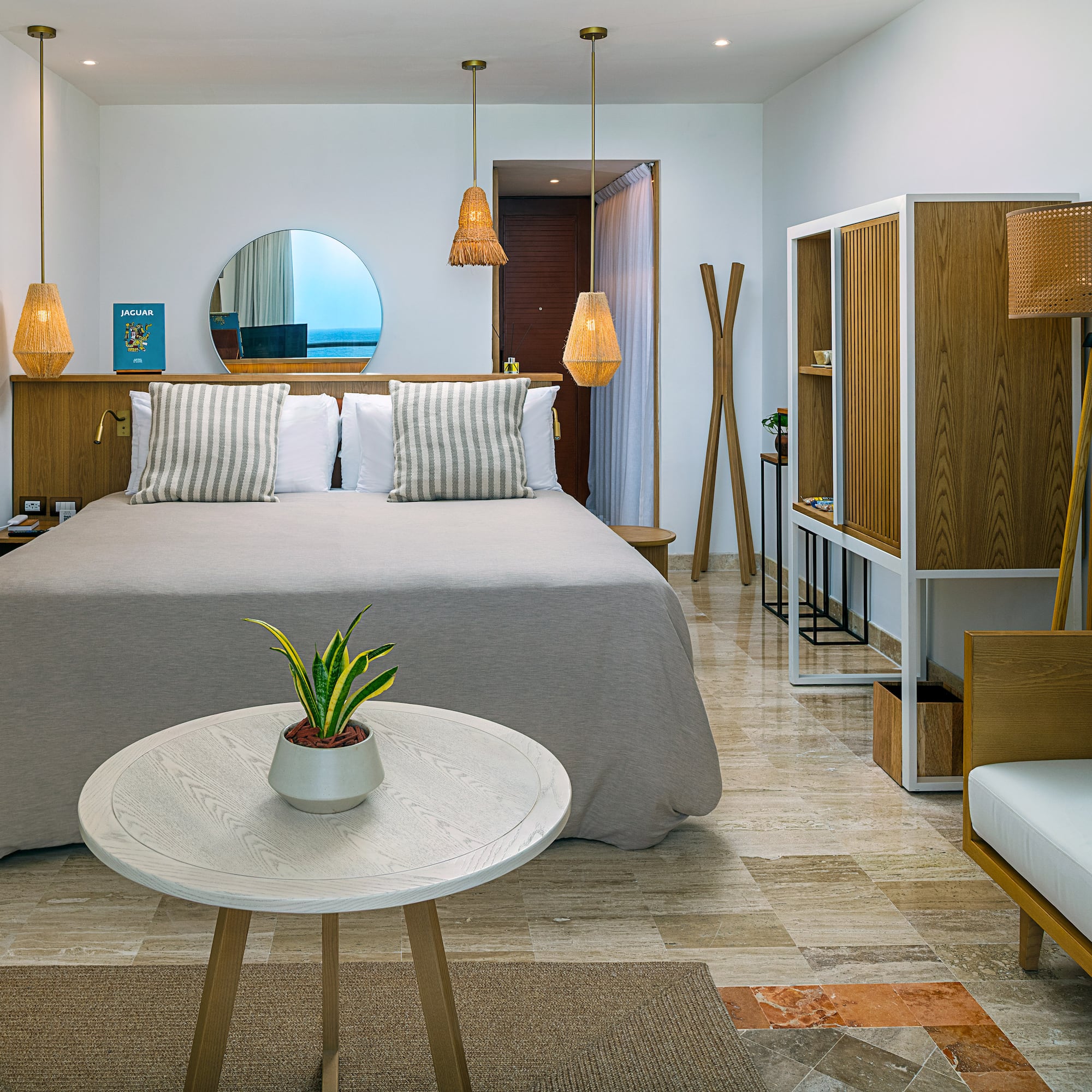 a room with a bed and a table