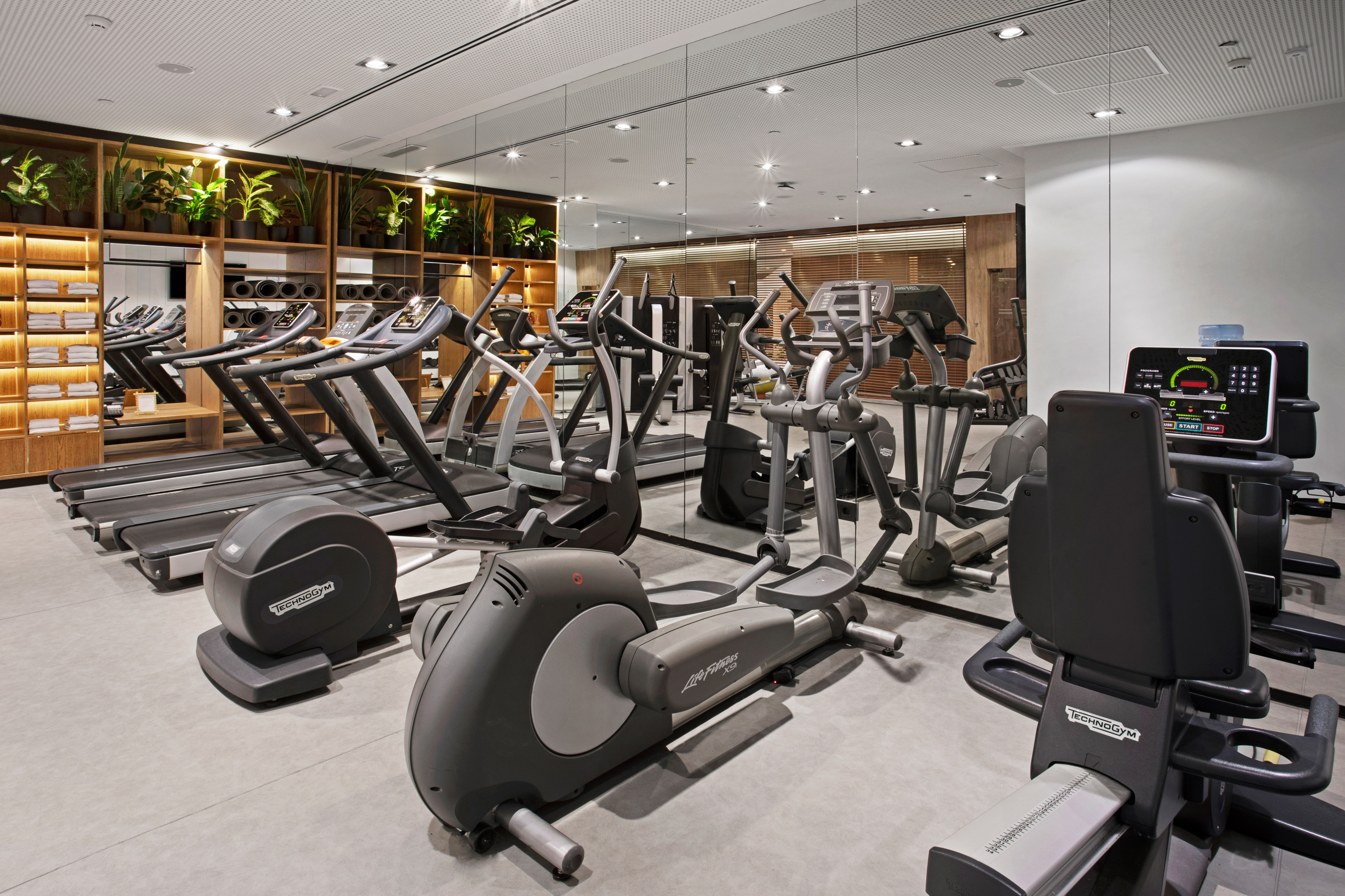 Modern fitness center with treadmills, ellipticals, and plants.