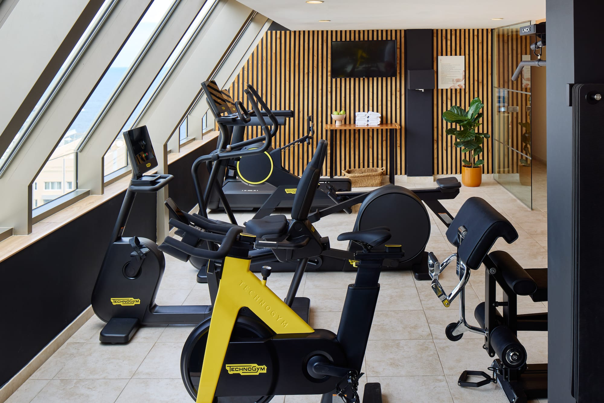 a room with exercise bikes and windows