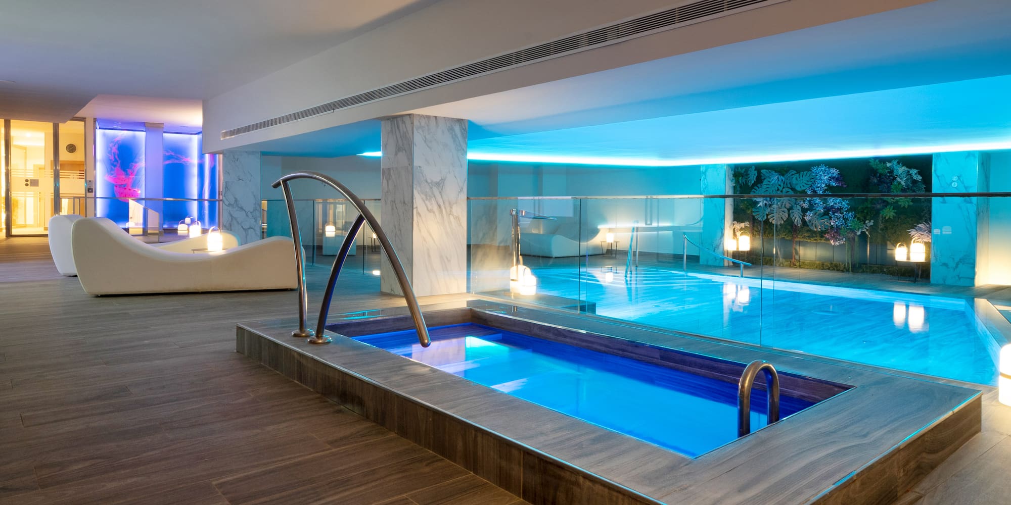 a swimming pool inside a room