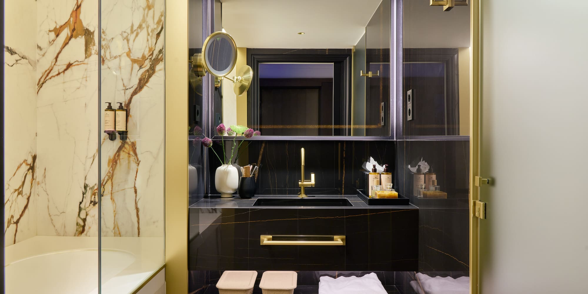 a bathroom with a mirror and sink