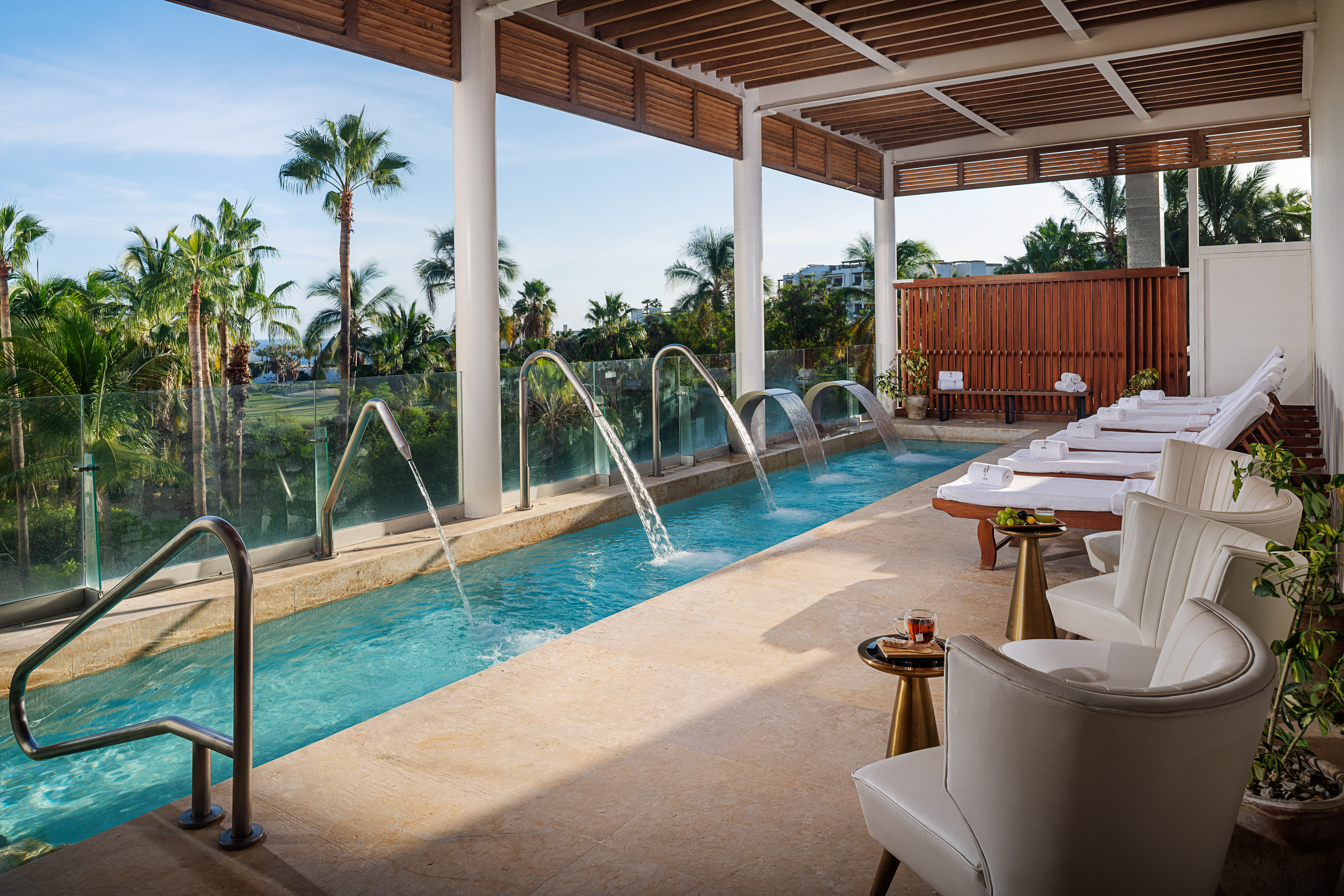 Tropical spa lounge with water jets, palm trees, and elegant seating.
