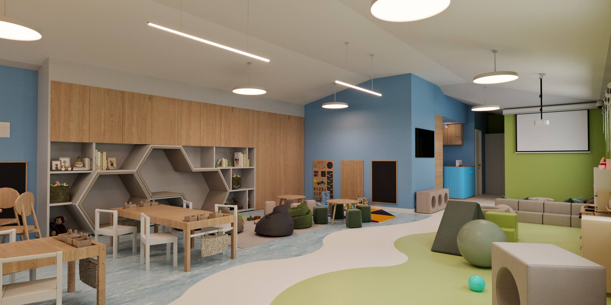 a room with a playroom and a table and chairs