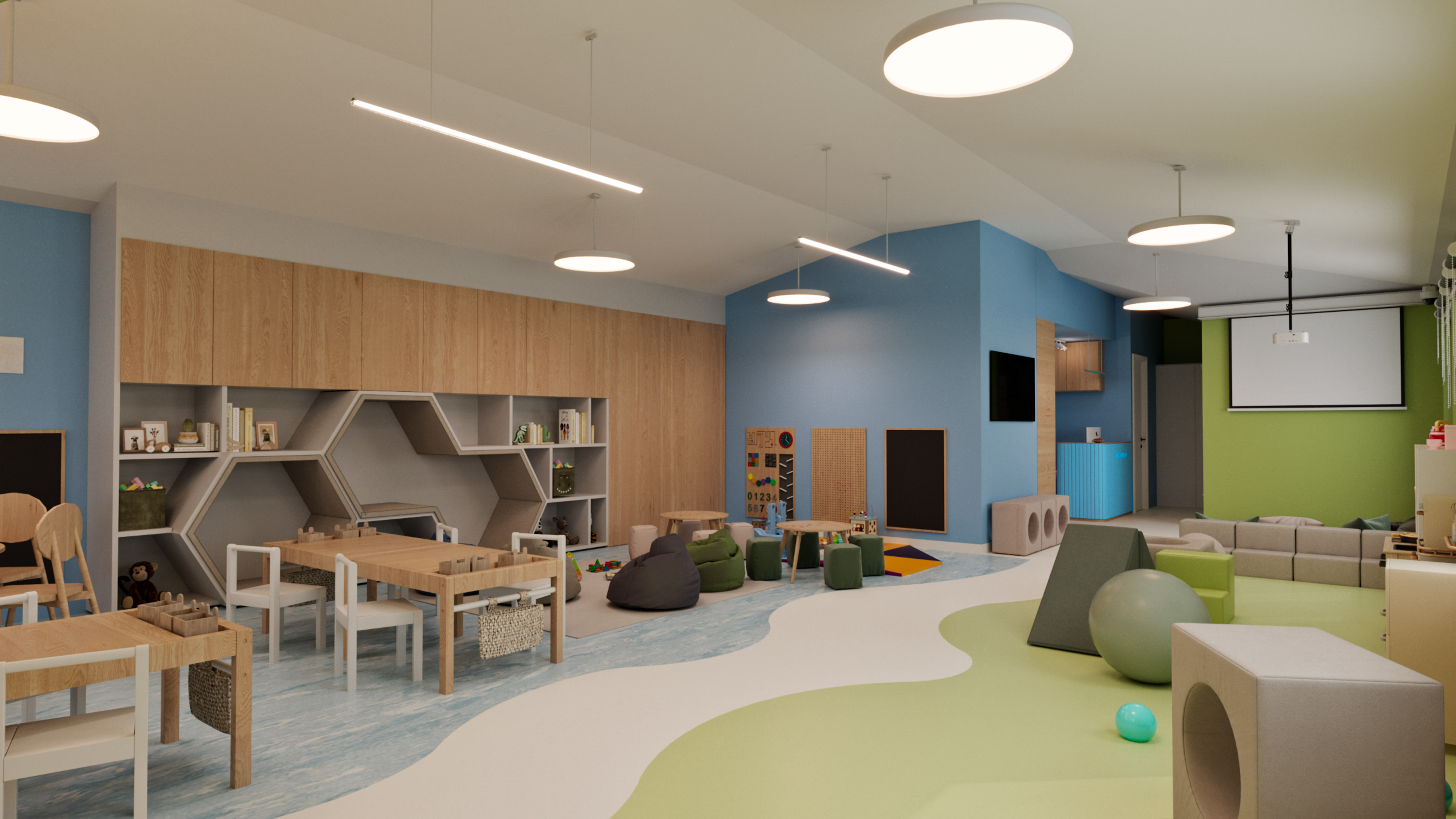 a room with a playroom and a table and chairs