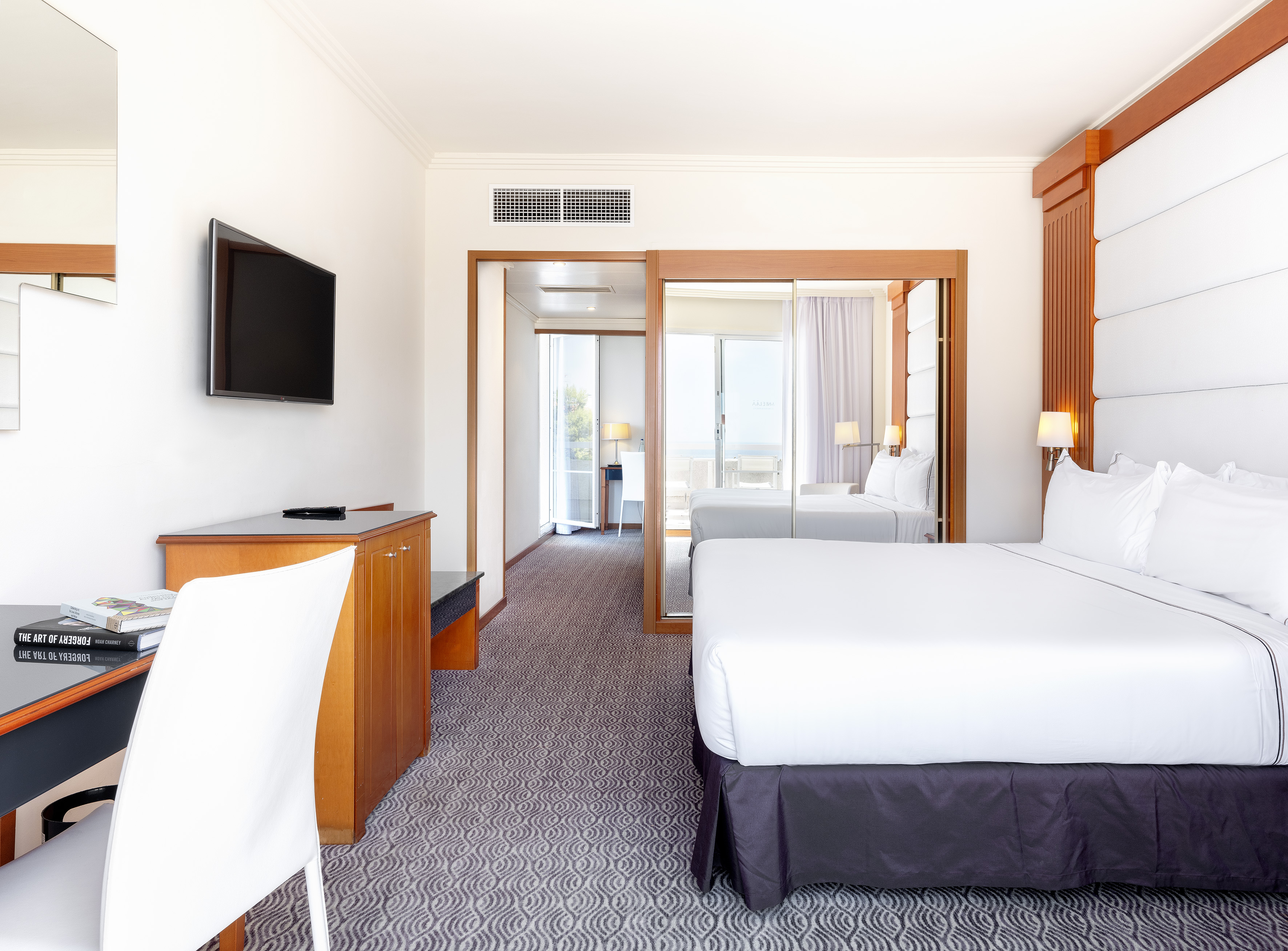 a room with a bed and a television