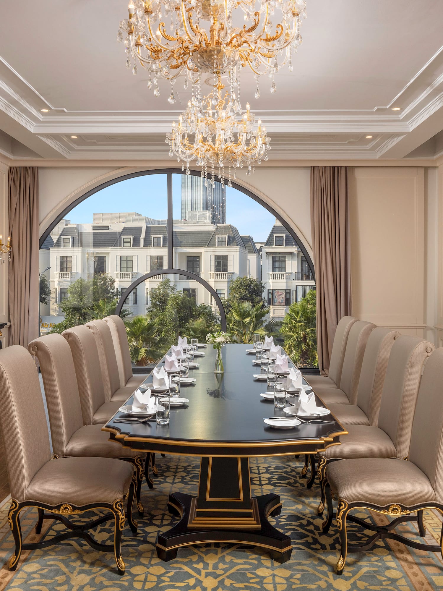 a room with a table and chairs