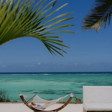 a person lying in a hammock on a beach