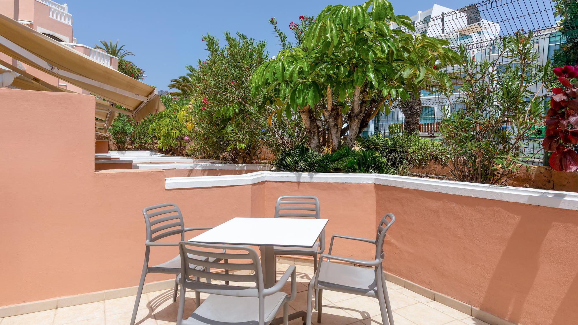 Sunny hotel patio with outdoor dining table, chairs, and lush tropical plants.