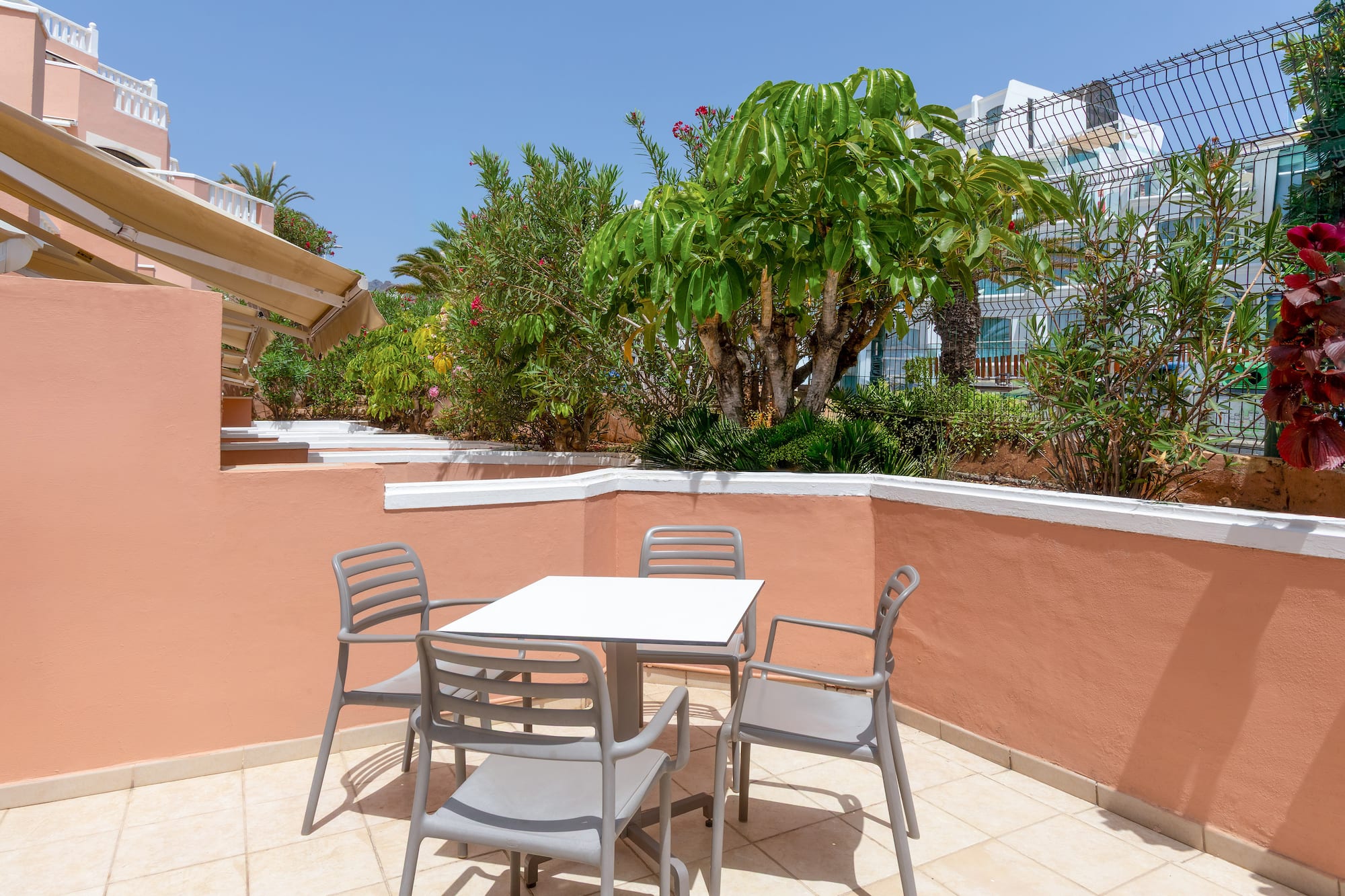 Sunny hotel patio with outdoor dining table, chairs, and lush tropical plants.
