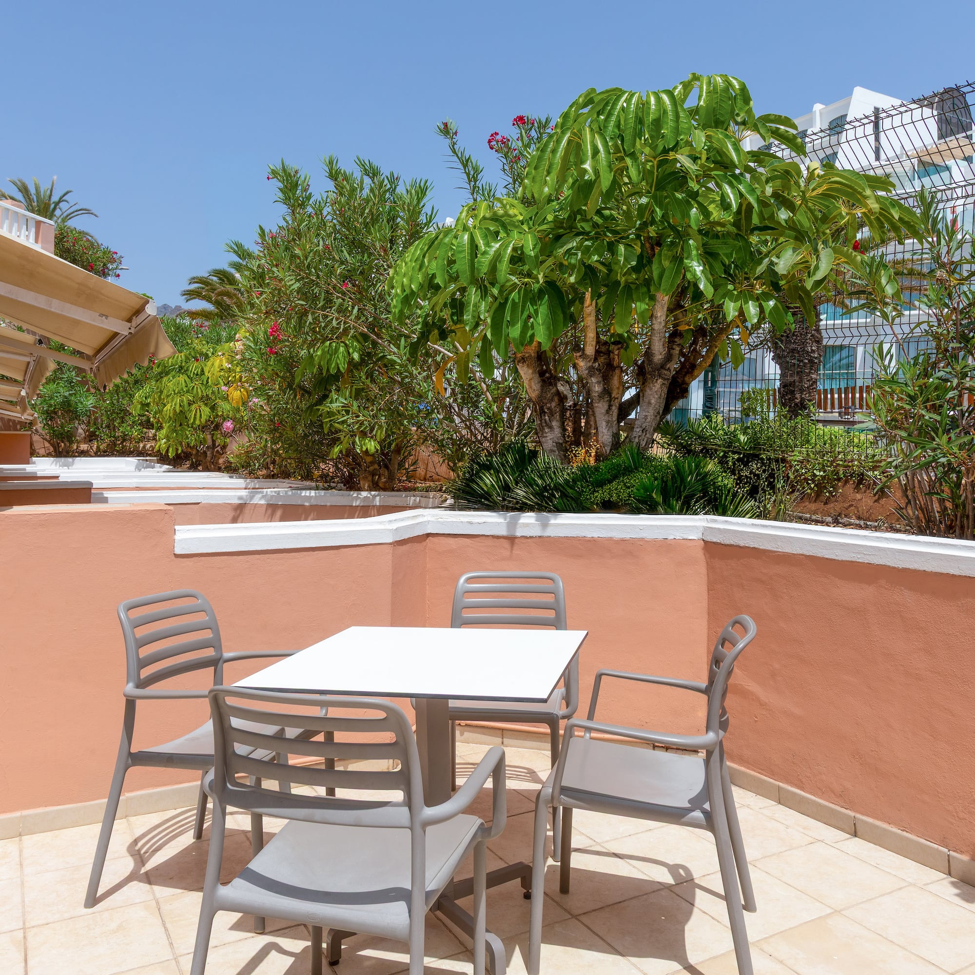 Sunny hotel patio with outdoor dining table, chairs, and lush tropical plants.