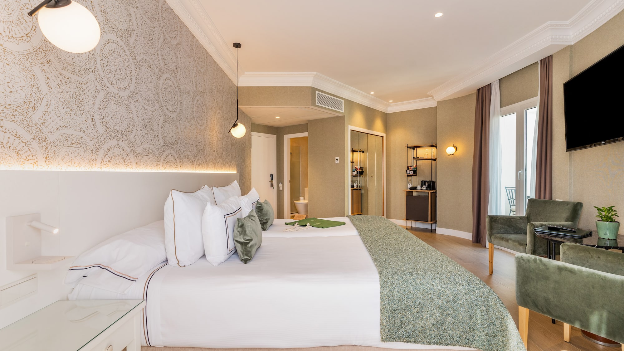 a room with a bed and a table