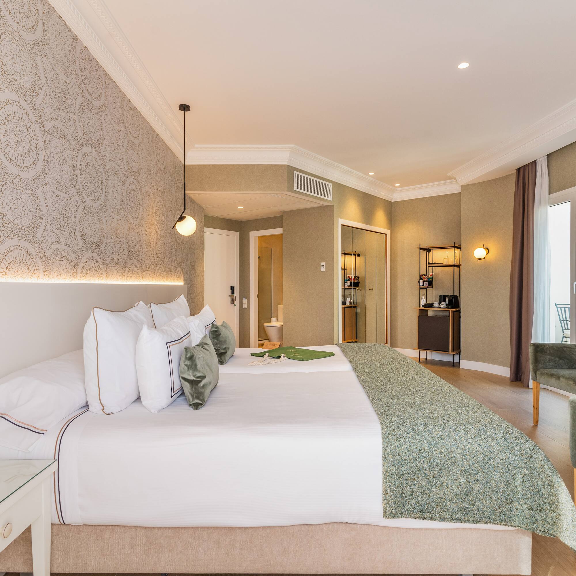 a room with a bed and a table