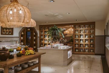 a buffet table with food on it