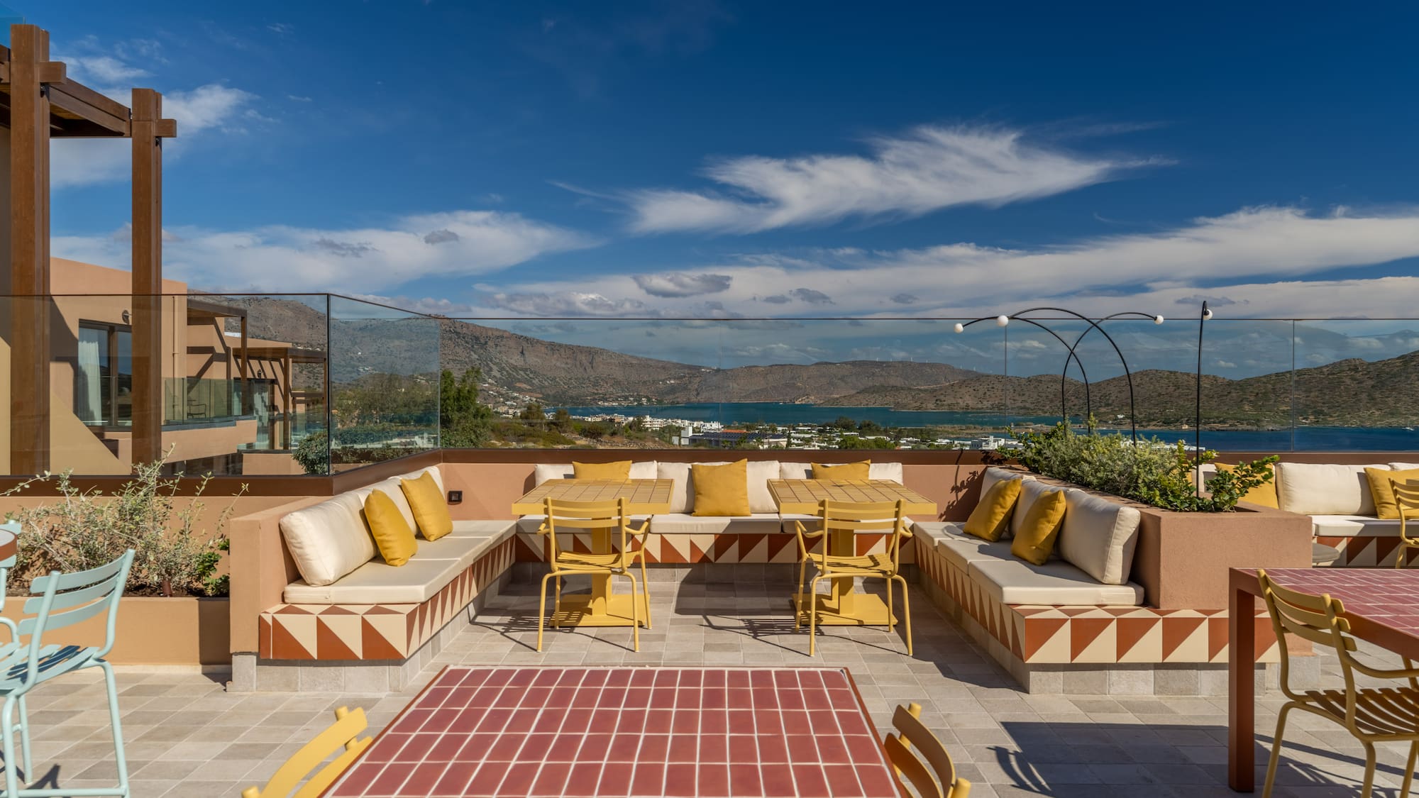 a patio with a table and chairs
