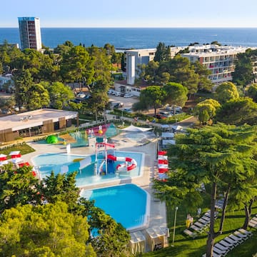 a swimming pool and trees by a building