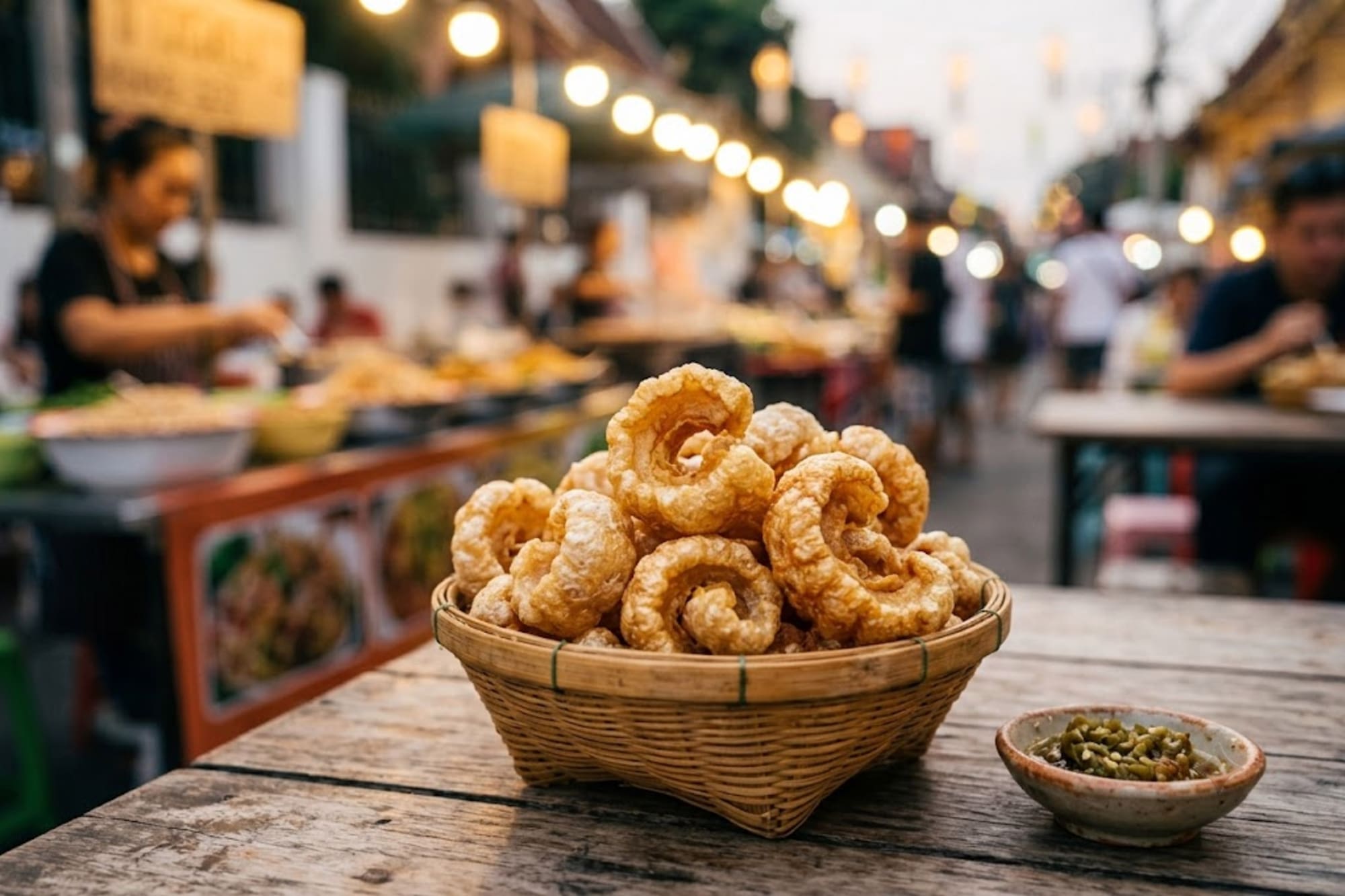 Golden crispy pork rinds with chili dip at a bustling night market.