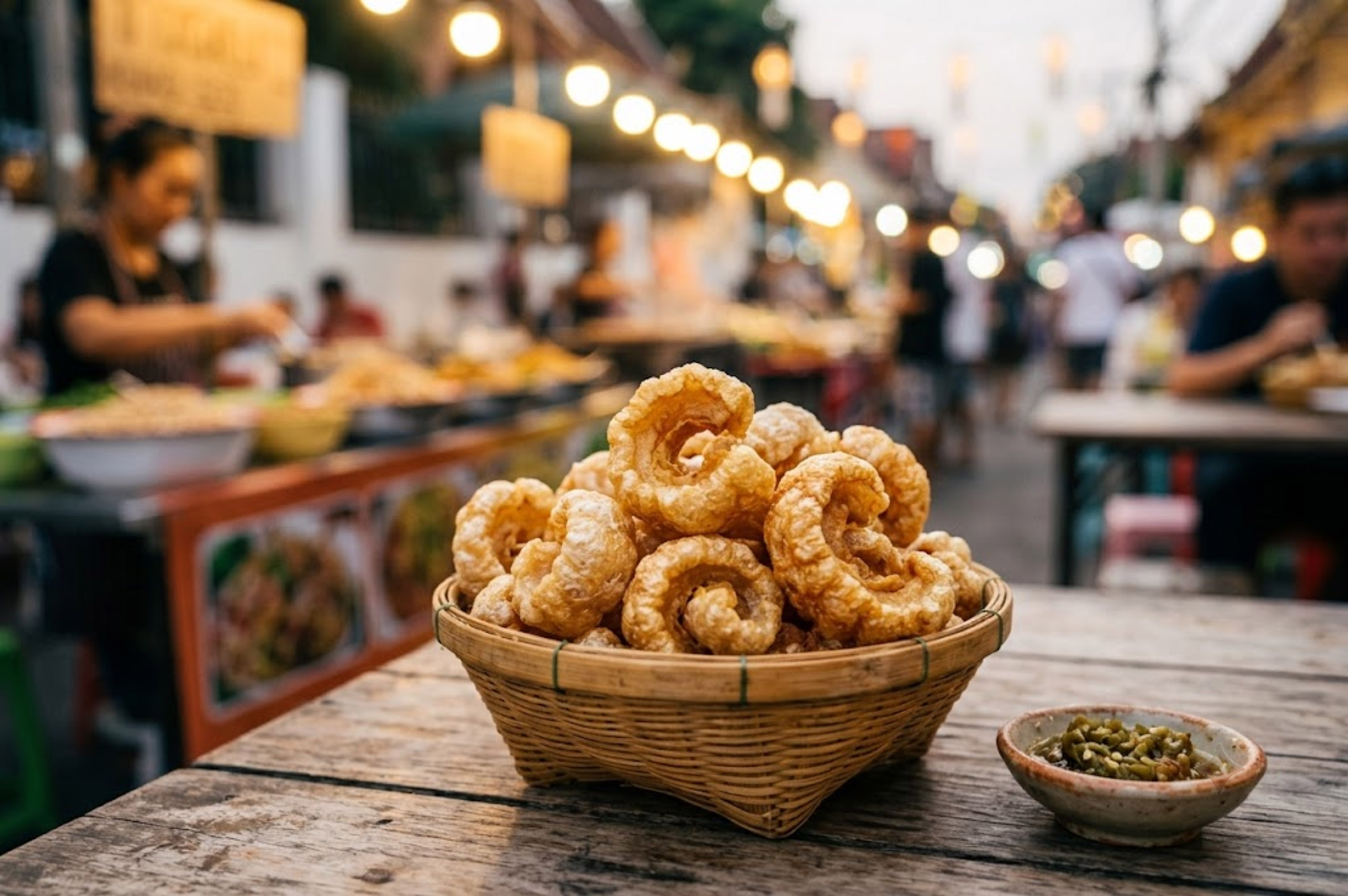 Golden crispy pork rinds with chili dip at a bustling night market.