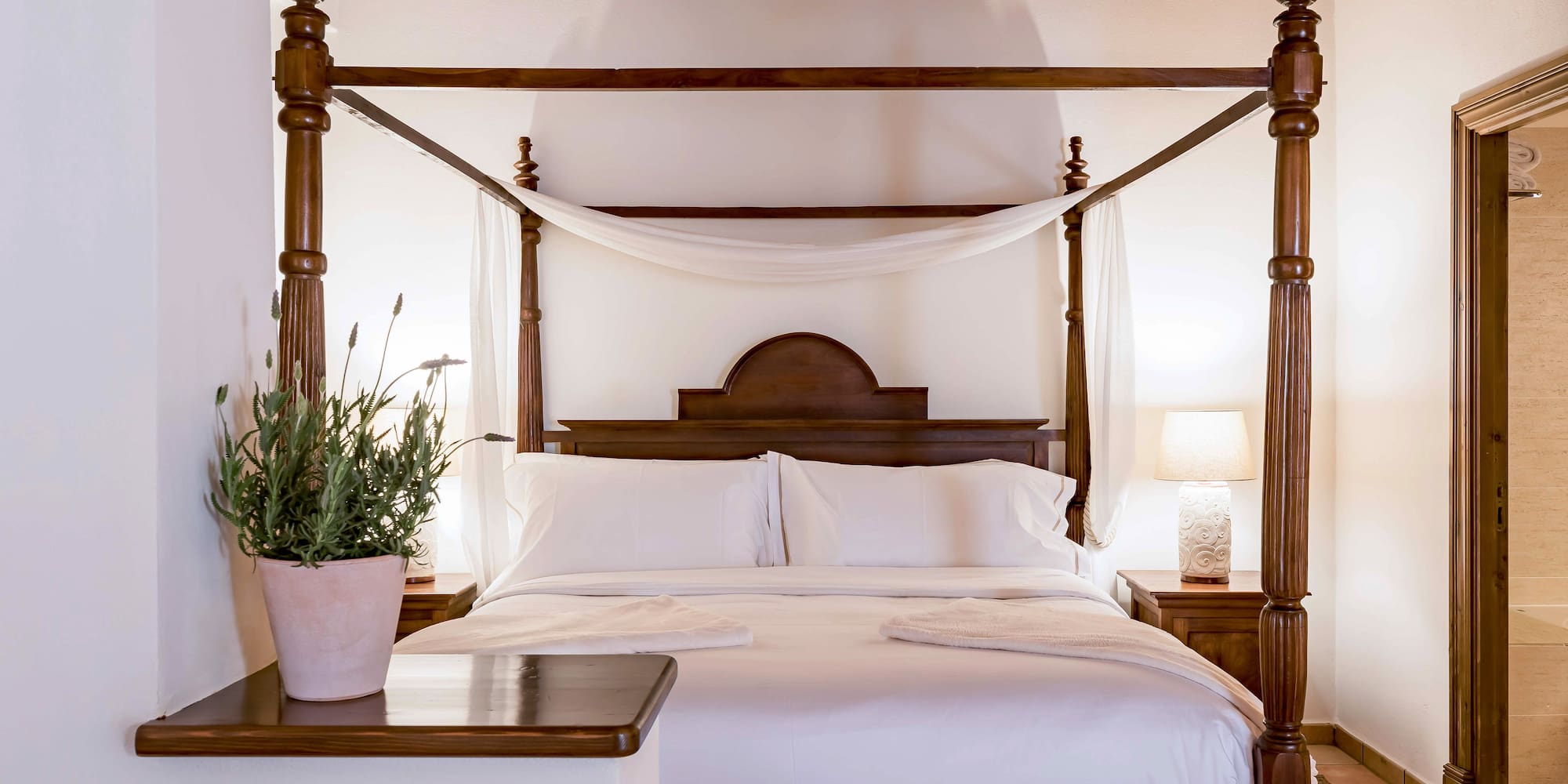 a bed with a canopy bed and a plant in a pot