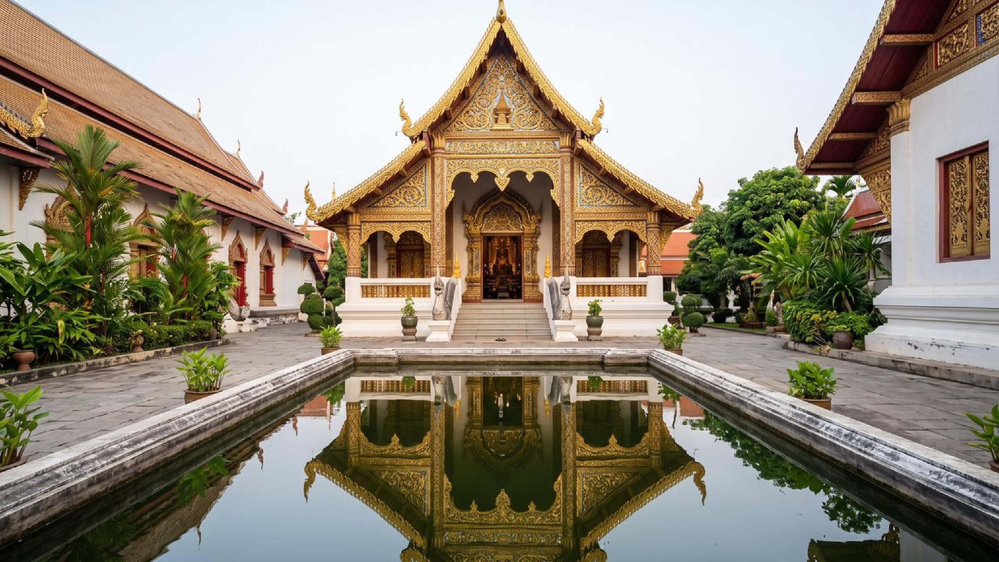Ornate golden Thai temple reflected in tranquil pool.