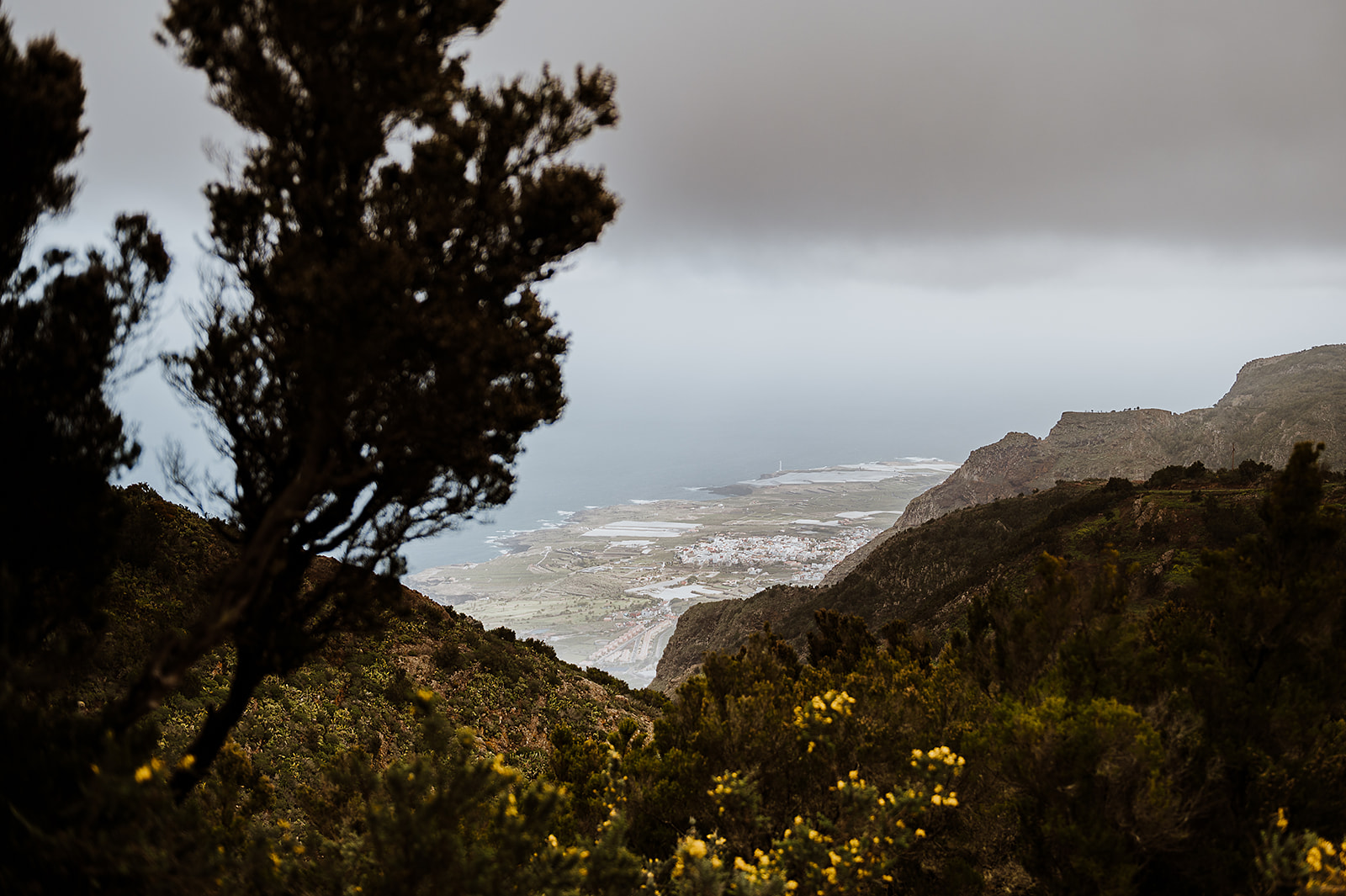Mountain vista of coastal village, ocean, lighthouse, and green slopes under grey sky.