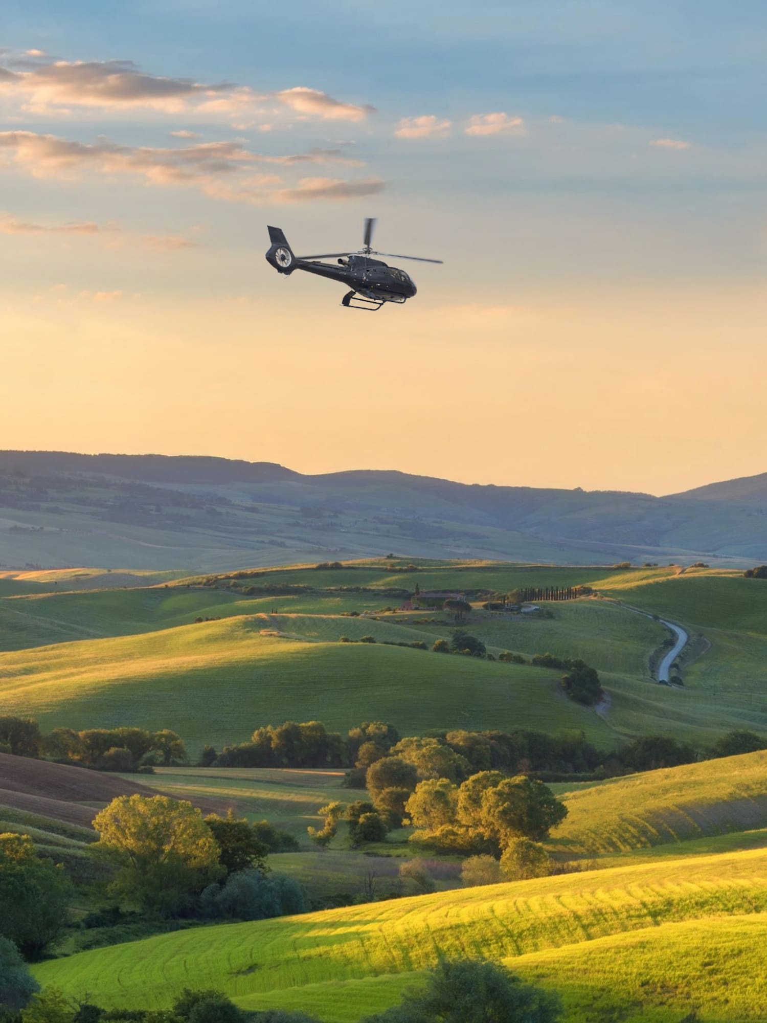 Helicopter flying above green rolling hills, golden sunset. Tuscany landscape.