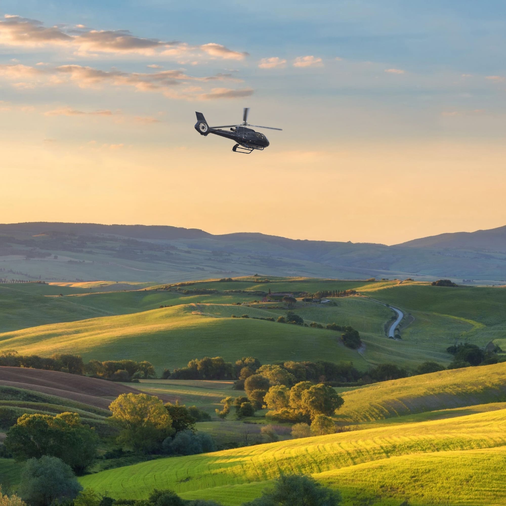 Helicopter flying above green rolling hills, golden sunset. Tuscany landscape.