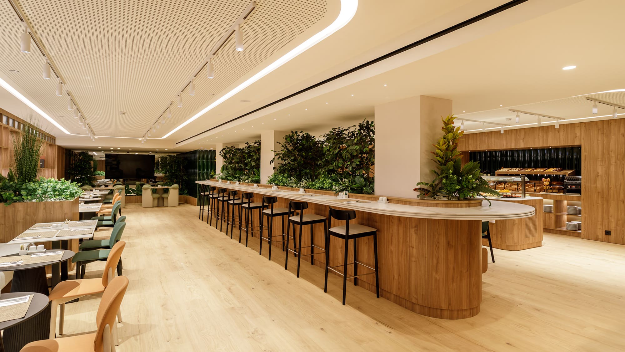 Modern restaurant buffet with long bar, wood, and green plants.