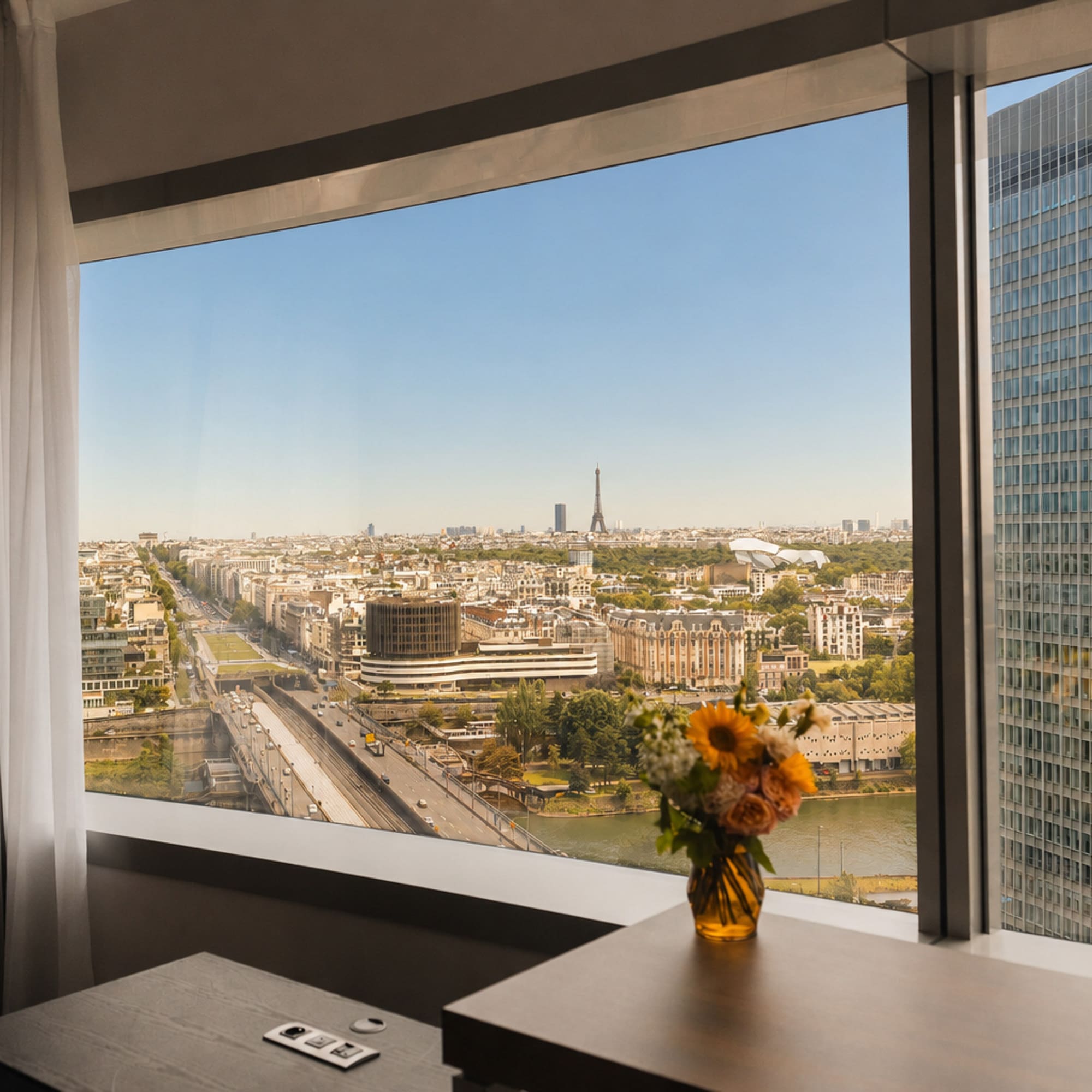 Paris skyline view from window: Eiffel Tower, Seine River, modern buildings.