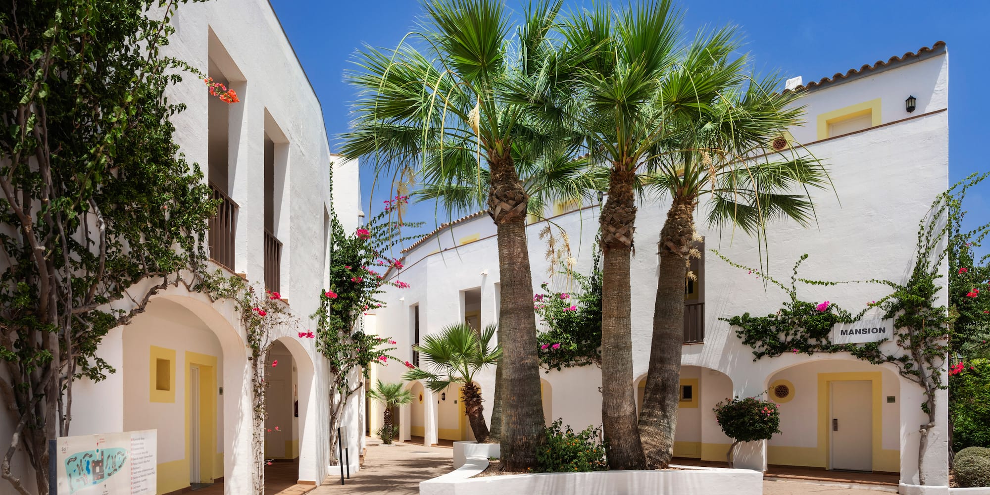 a courtyard with palm trees and buildings