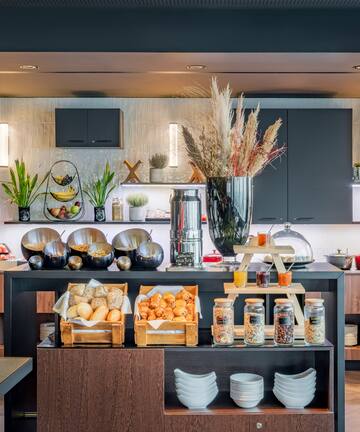 a kitchen with food on the counter