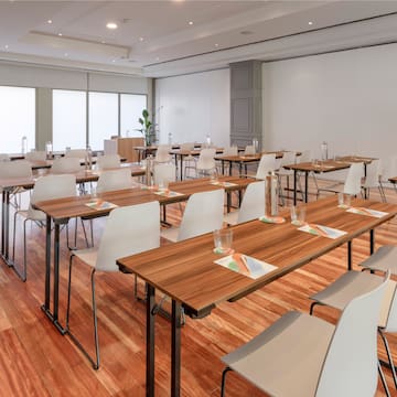 a room with tables and chairs