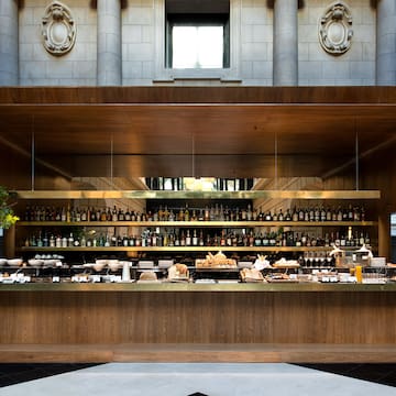 a bar with food on the counter