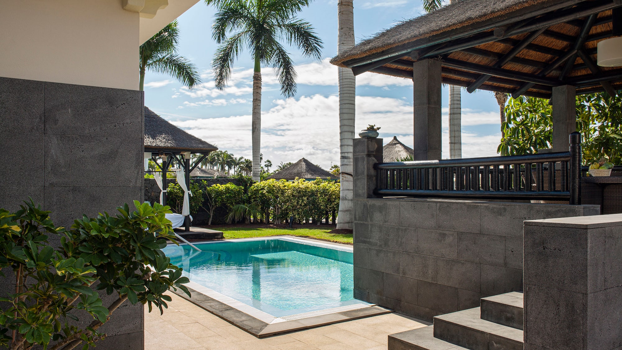 Villa con piscina privada, palmeras y jardín tropical.