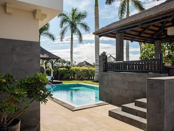 a pool and a building