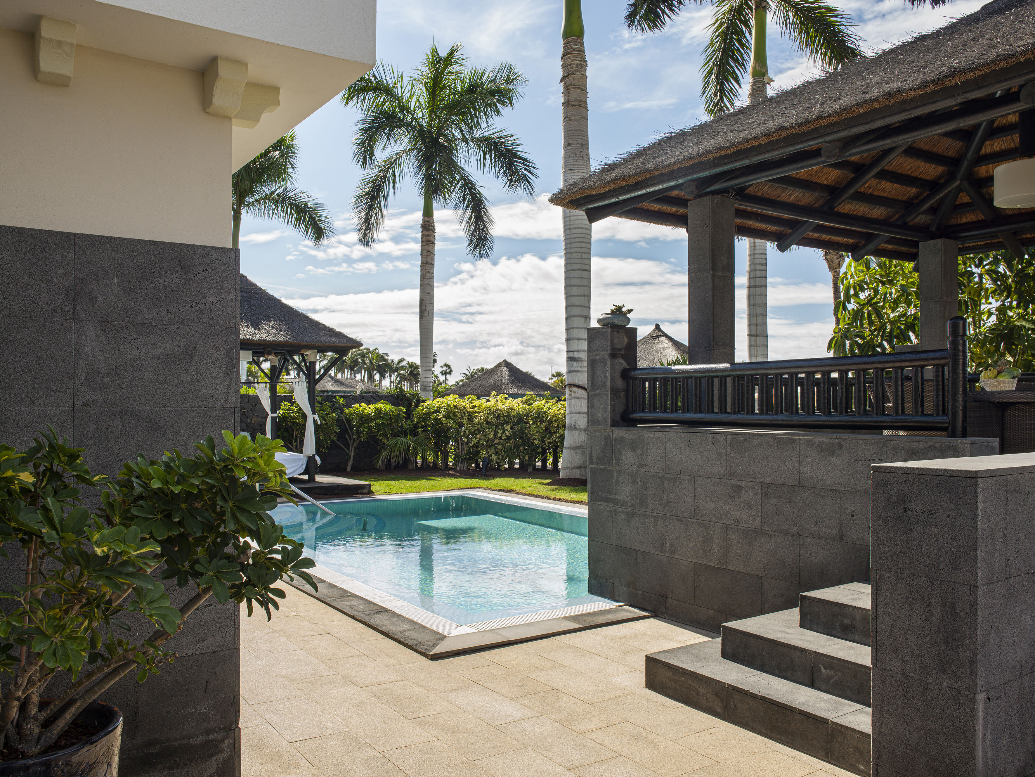 Villa con piscina privada, palmeras y jardín tropical.