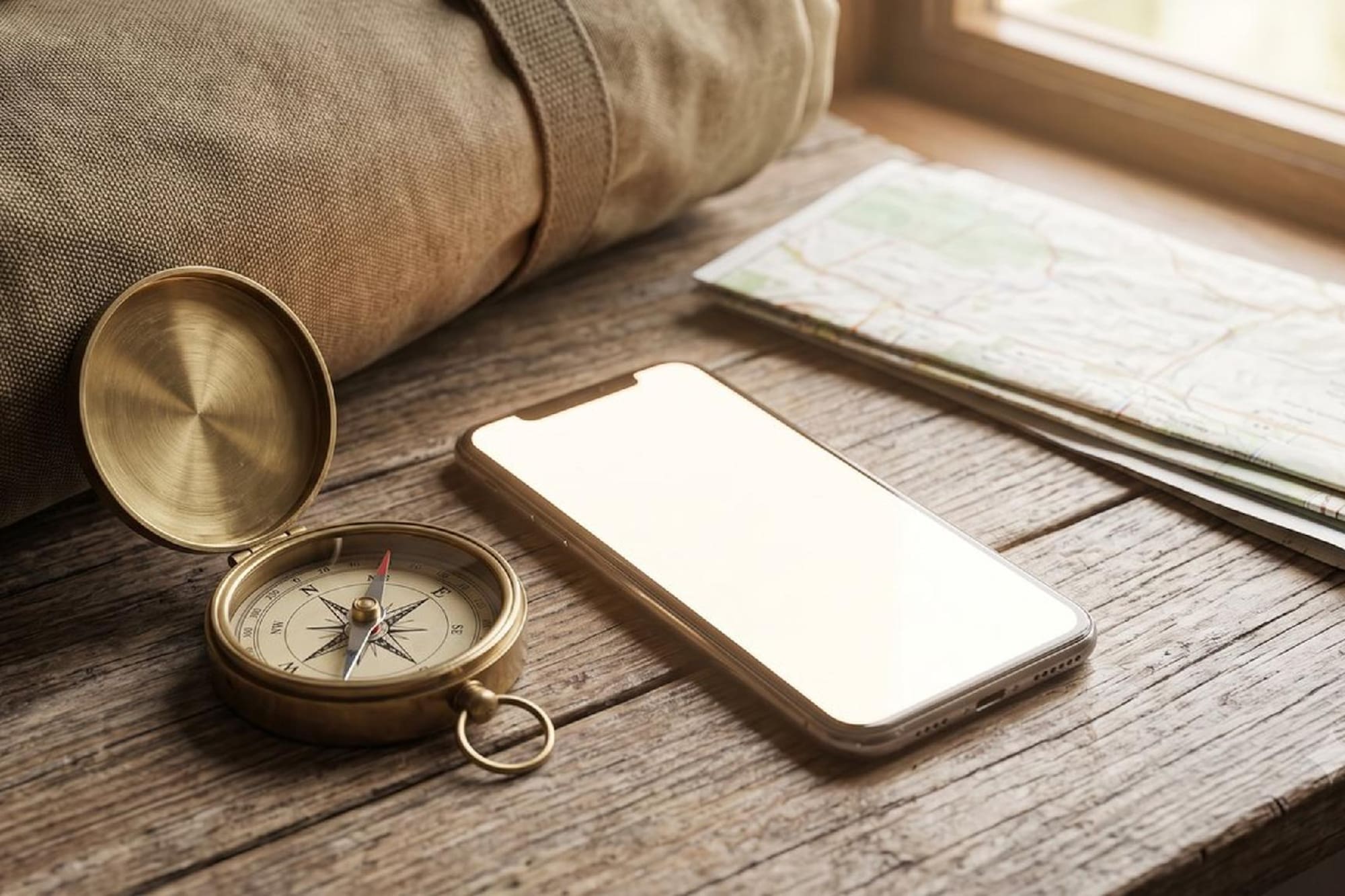 Brass compass, smartphone, and maps for travel planning on wooden table.