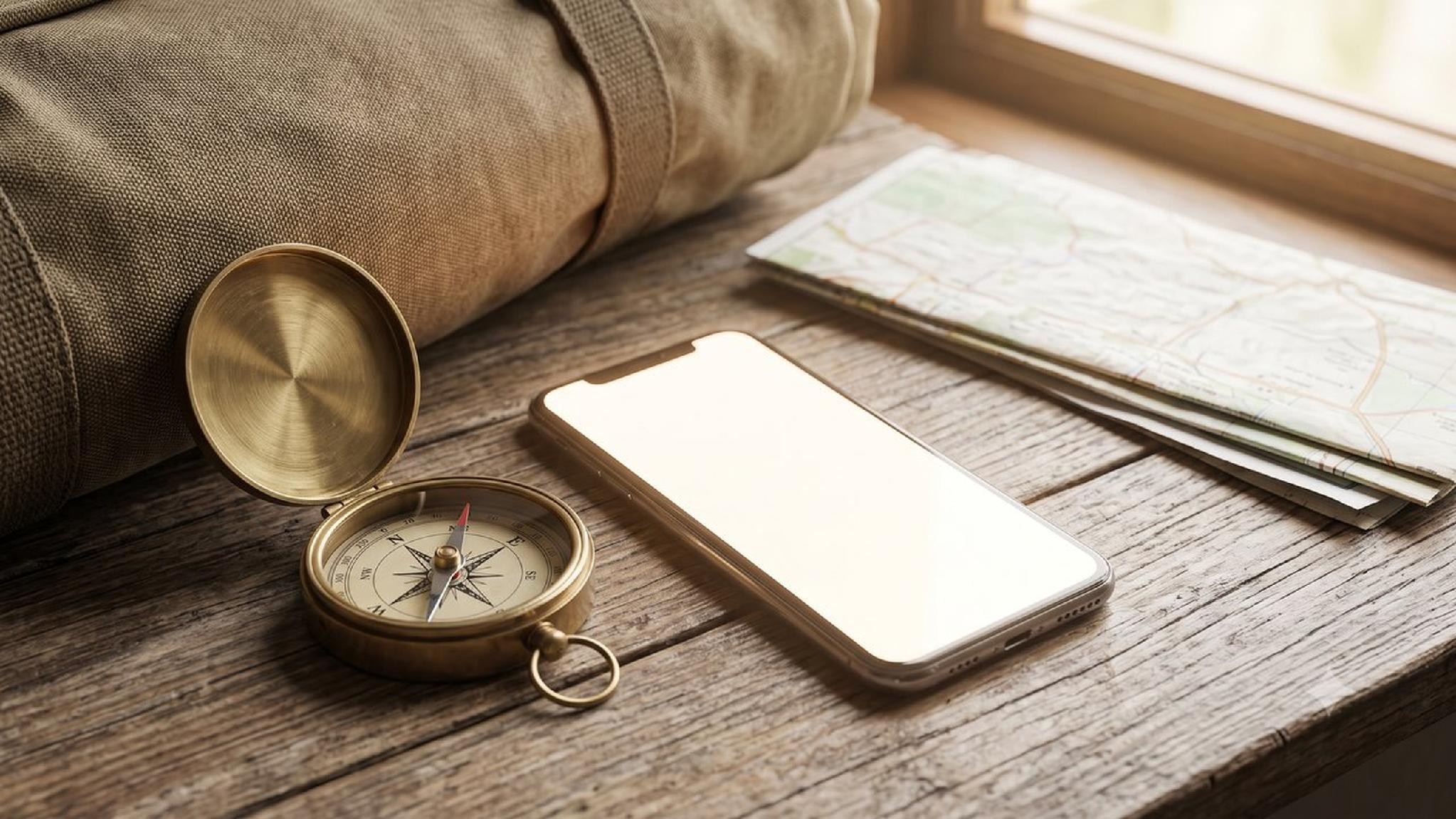 Brass compass, smartphone, and maps for travel planning on wooden table.
