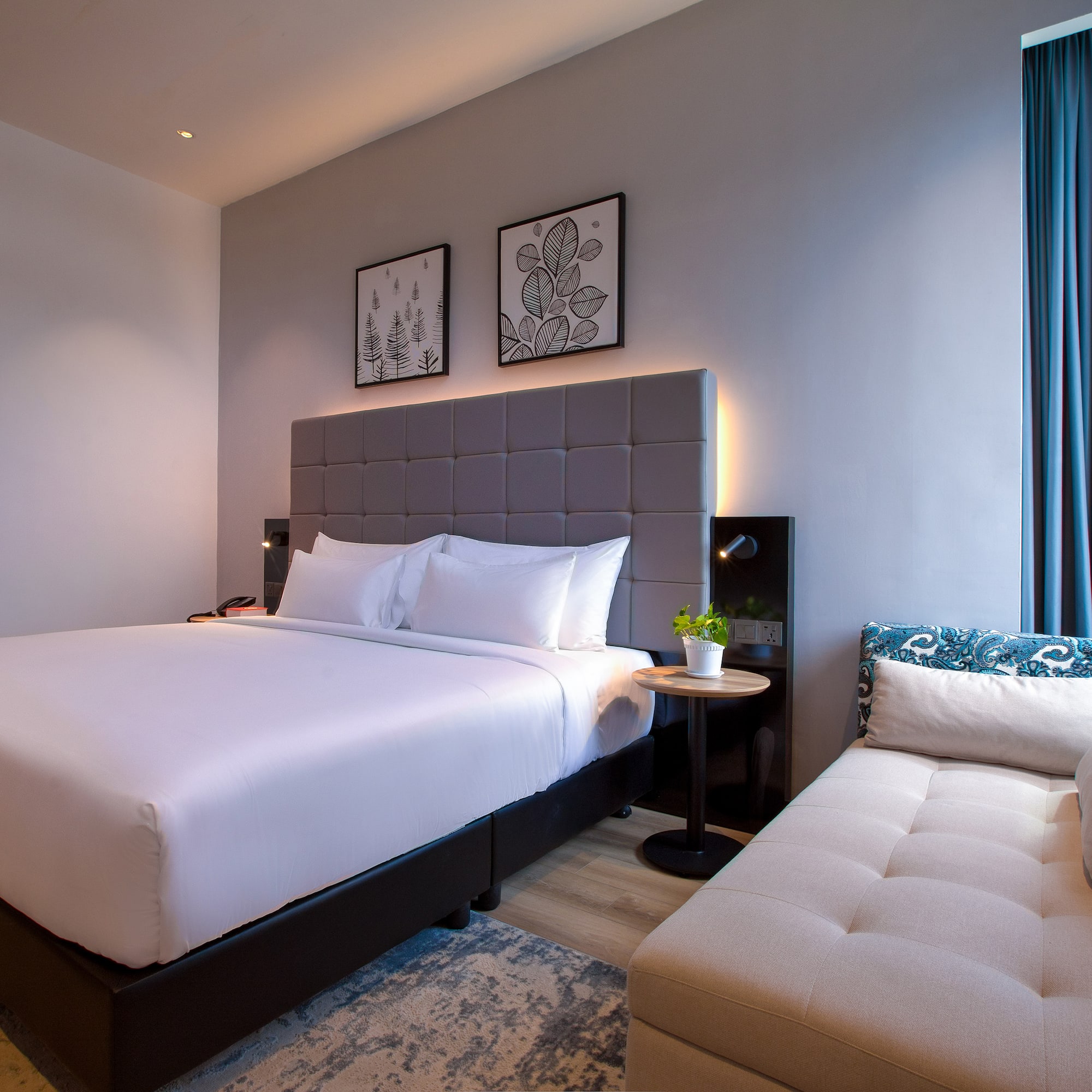 a bed and a couch in a room