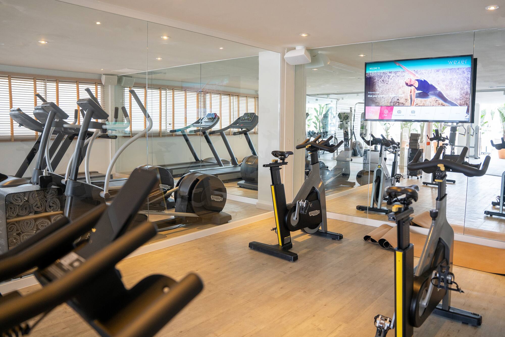 Hotel gym with treadmills, spin bikes, and a TV for guided workouts.