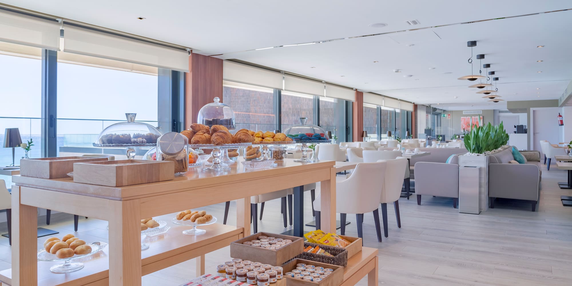 a buffet table with food on it