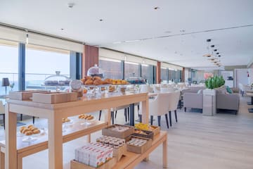 a buffet table with food on it