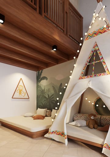 a room with a teepee bed and a bed and a bed with a wall and a staircase