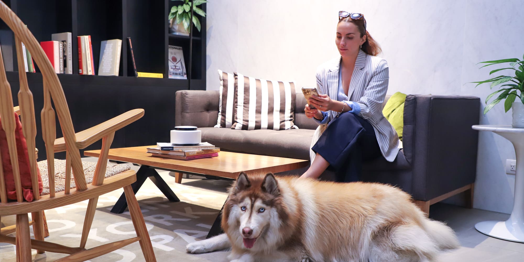 a woman sitting on a couch with a dog