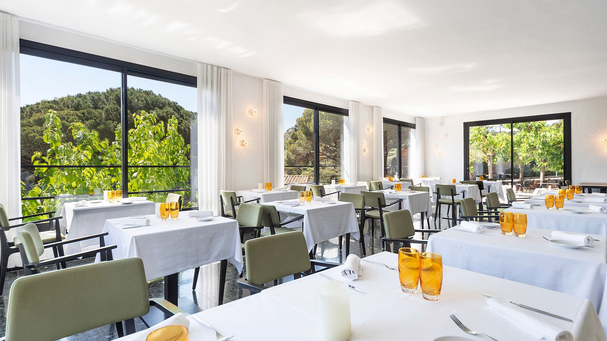 a room with tables and chairs