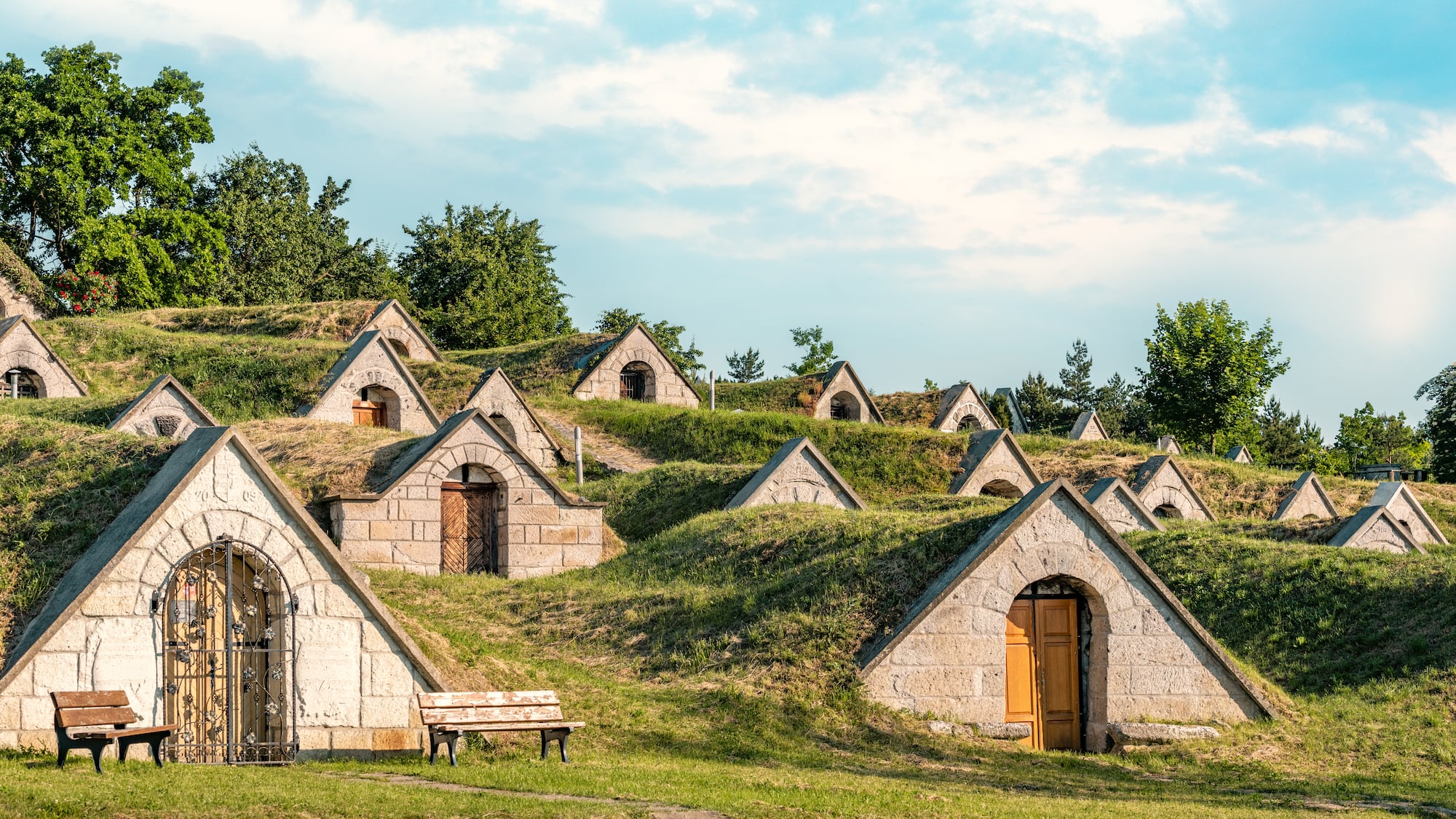 a group of stone buildings with grass on the ground